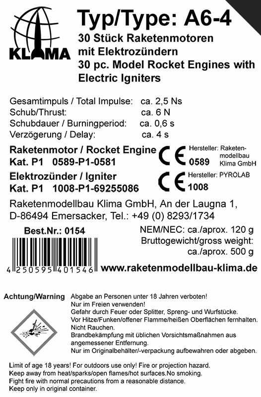 A6-4 bulk pack of 30 Klima rocket motor engines