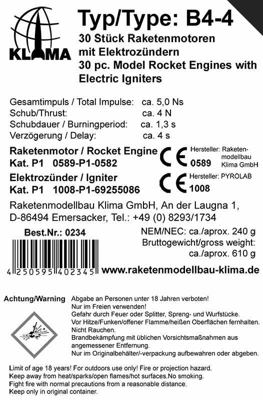 B4-4 bulk pack of 30 Klima rocket motor engines