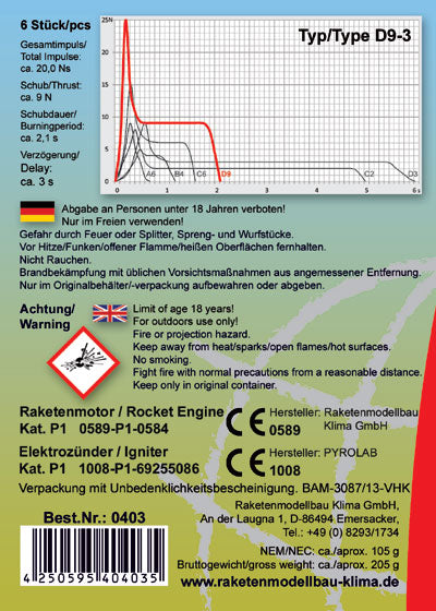 D9-3 model rocket engine datasheet and safety information