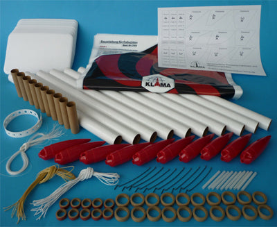 TenSet model rocket kit contents including body tubes, nose cones, parachutes and fin material