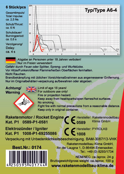 A6-4 model rocket engine datasheet and safety information