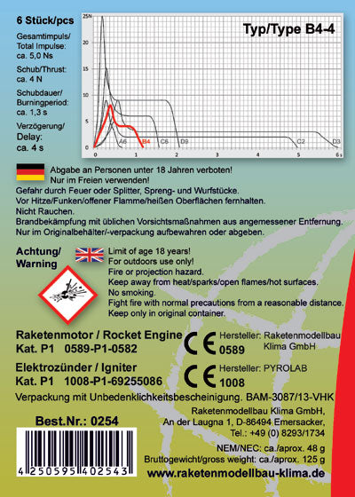 B4-4 model rocket motor datasheet and safety information