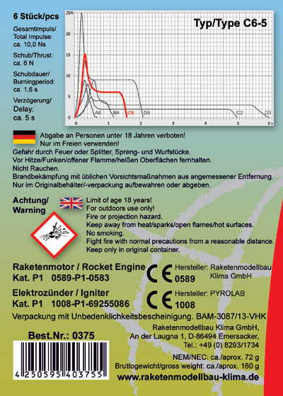 C6-5 model rocket motor datasheet and safety information