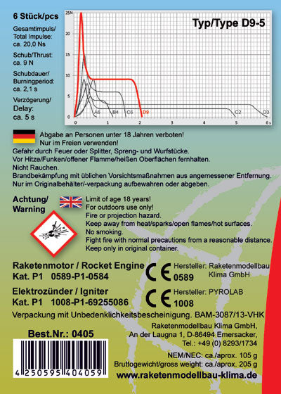 D9-5 model rocket motor datasheet and safety information